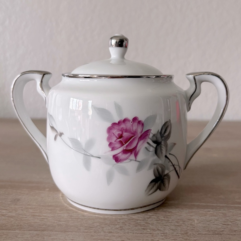 Antique Sugar Bowl White Silver Pink Rose Hand Painted Japan Design